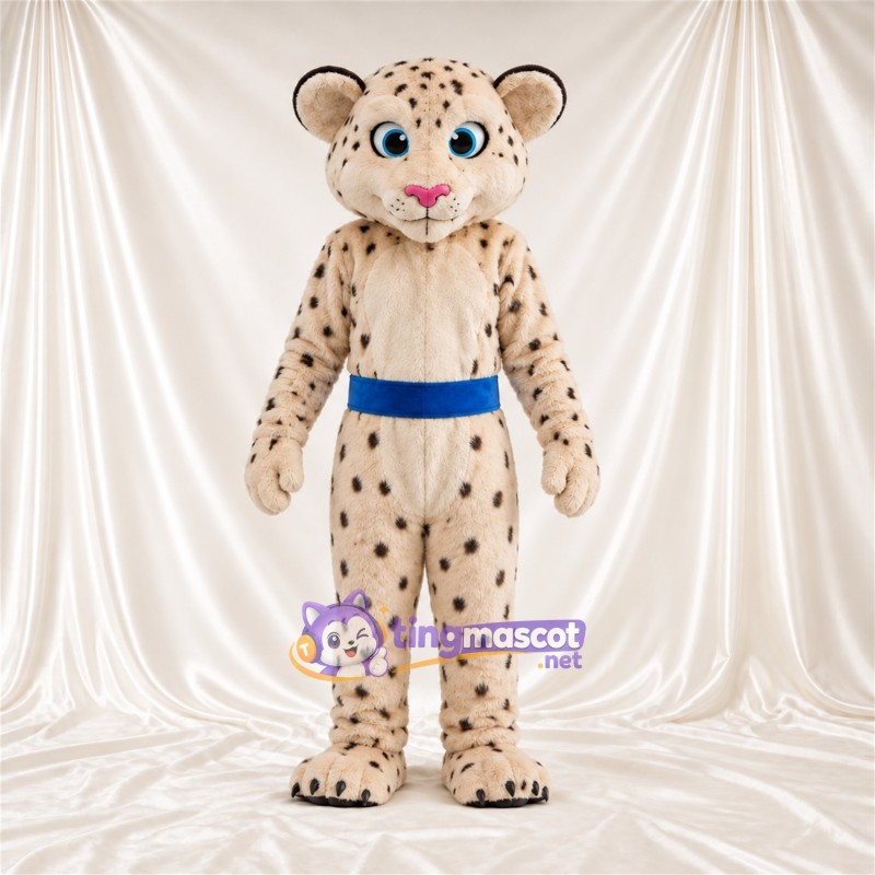 Maskottchenkostüm Gepard – creme / schwarz – Gürtel (blau) Maskottchenkostüm Gepard – creme / schwarz – Gürtel (blau)