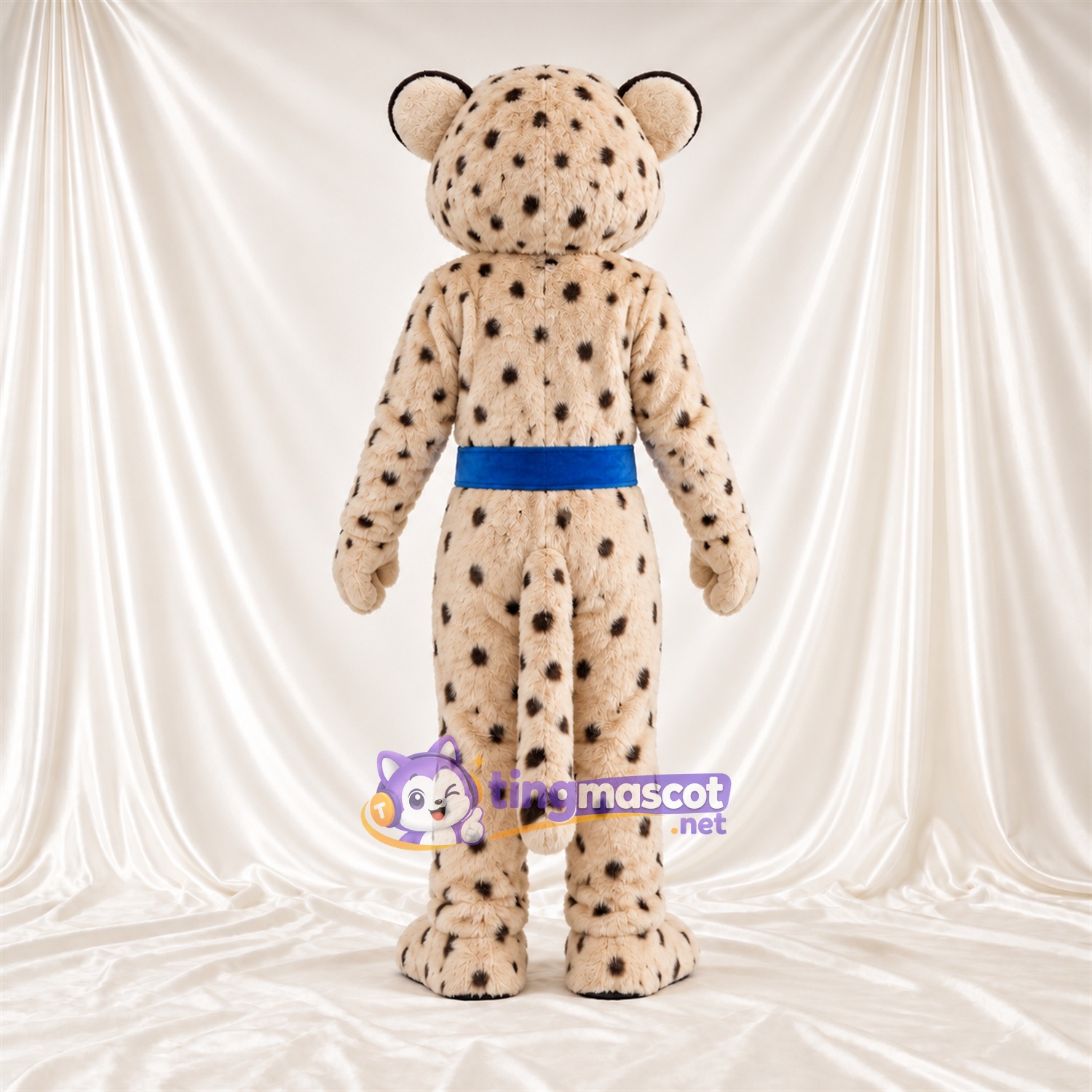 Maskottchenkostüm Gepard – creme / schwarz – Gürtel (blau) Maskottchenkostüm Gepard – creme / schwarz – Gürtel (blau)
