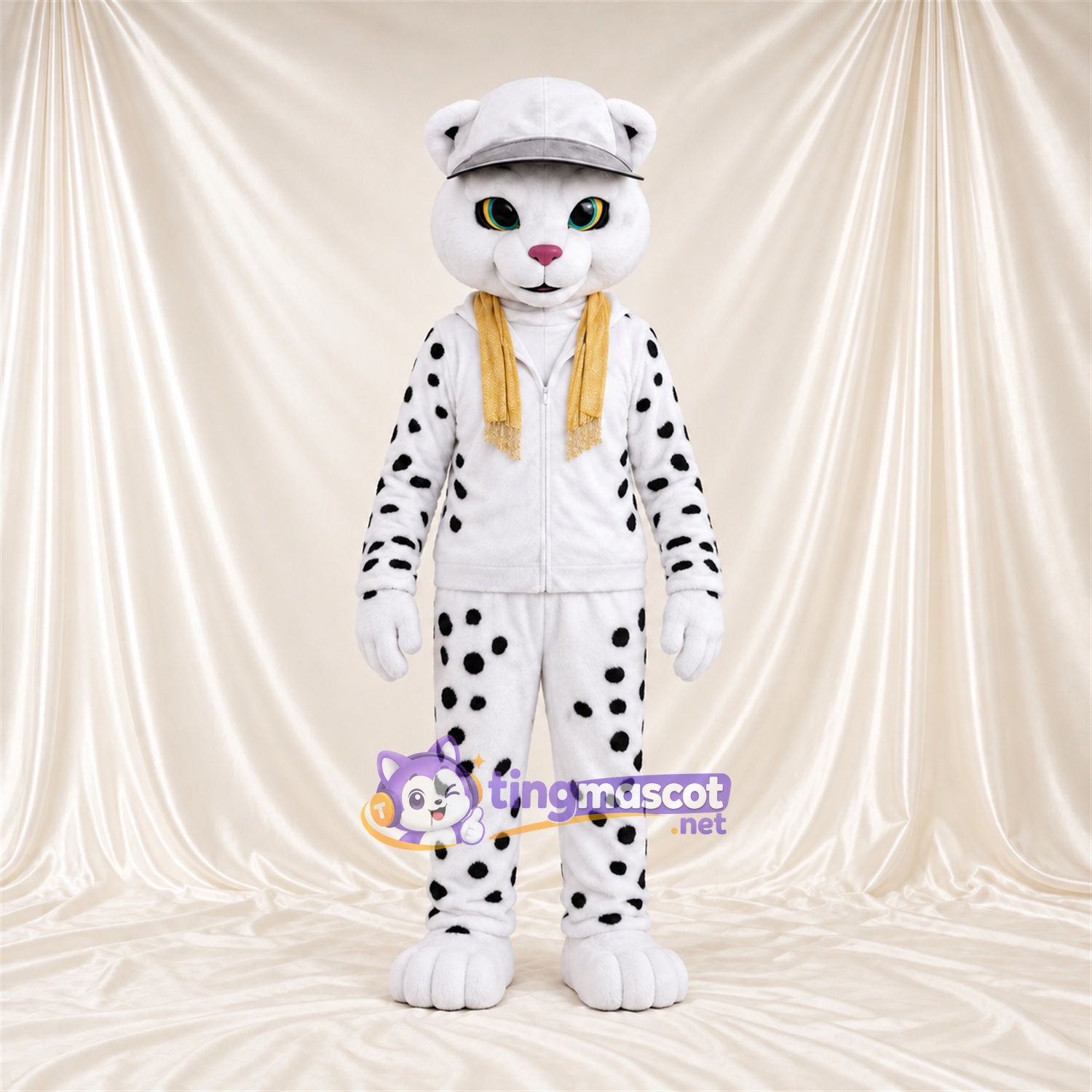 Costume de mascotte Guépard – blanc / noir – Tenue (blanc); Casquette Costume de mascotte Guépard – blanc / noir – Tenue (blanc); Casquette