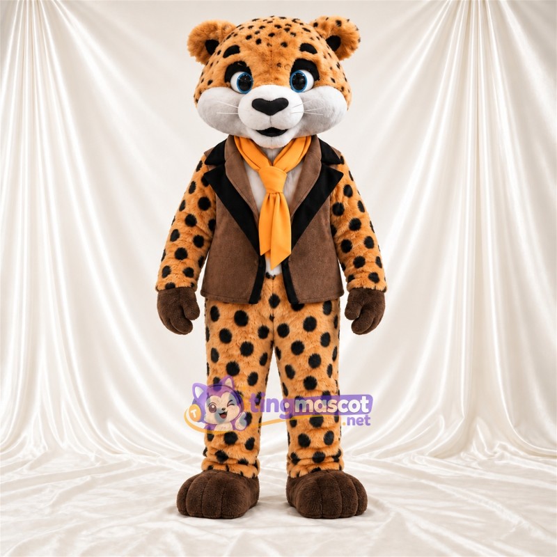 Tan and Black Cheetah Mascot Costume - Brown Vest and Orange Scarf Tan and Black Cheetah Mascot Costume - Brown Vest and Orange Scarf
