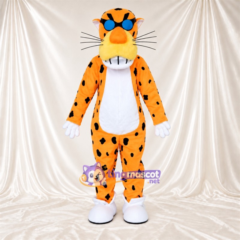 Maskottchenkostüm Gepard – orange / schwarz – Sonnenbrille (blau); Breites Zahngrinsen Maskottchenkostüm Gepard – orange / schwarz – Sonnenbrille (blau); Breites Zahngrinsen
