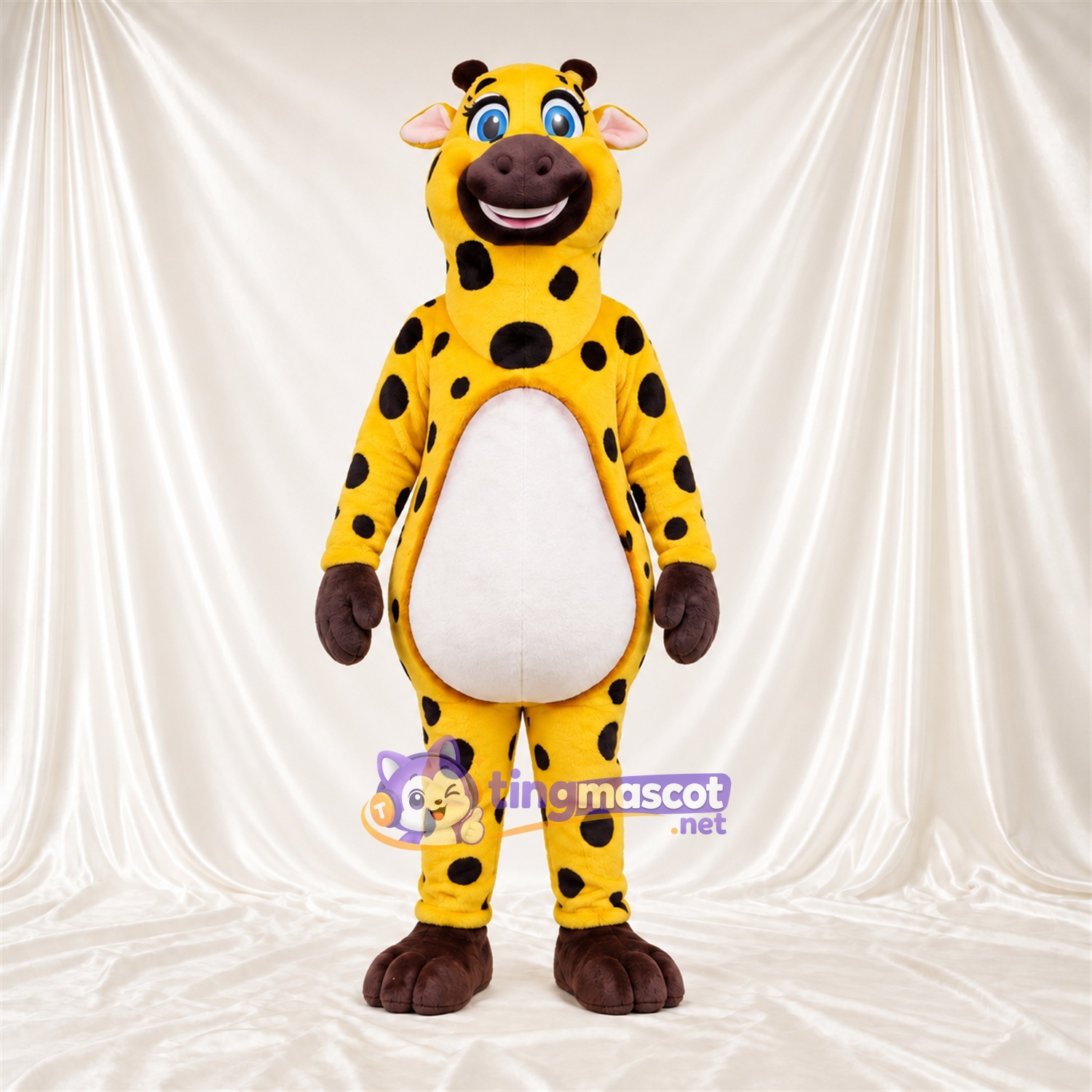 Maskottchenkostüm Giraffe – gelb / braun – Bauch (weiß); Augen (blau) Maskottchenkostüm Giraffe – gelb / braun – Bauch (weiß); Augen (blau)