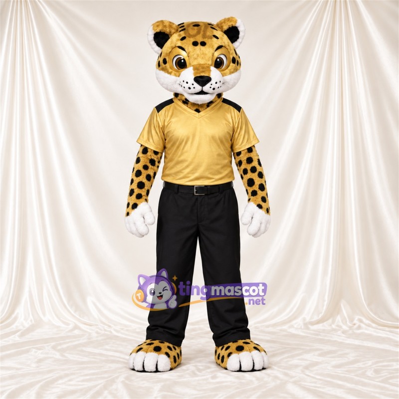 Costume de mascotte Léopard – brun clair / noir – Chemise (jaune); Pantalon (noir) Costume de mascotte Léopard – brun clair / noir – Chemise (jaune); Pantalon (noir)