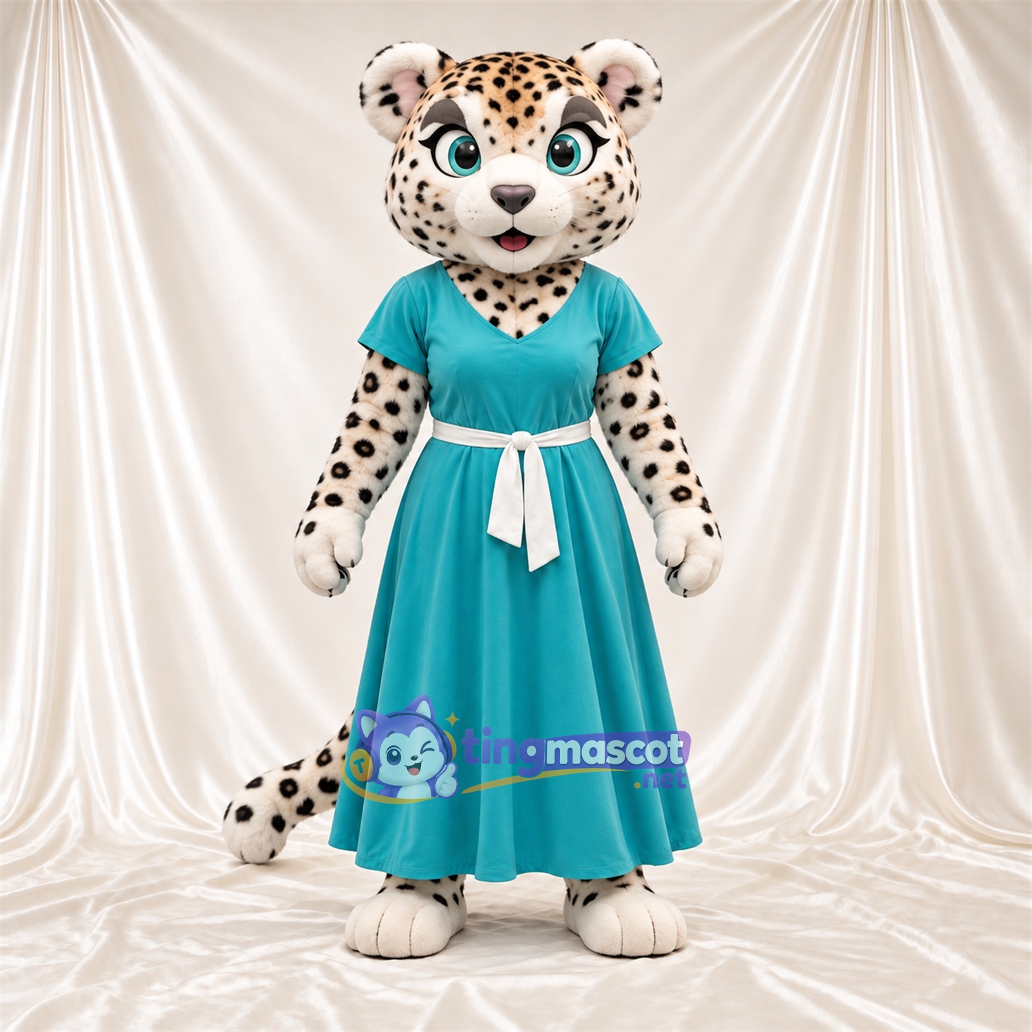 Maskottchenkostüm Gepard – creme / schwarz – Kleid (türkis) Maskottchenkostüm Gepard – creme / schwarz – Kleid (türkis)