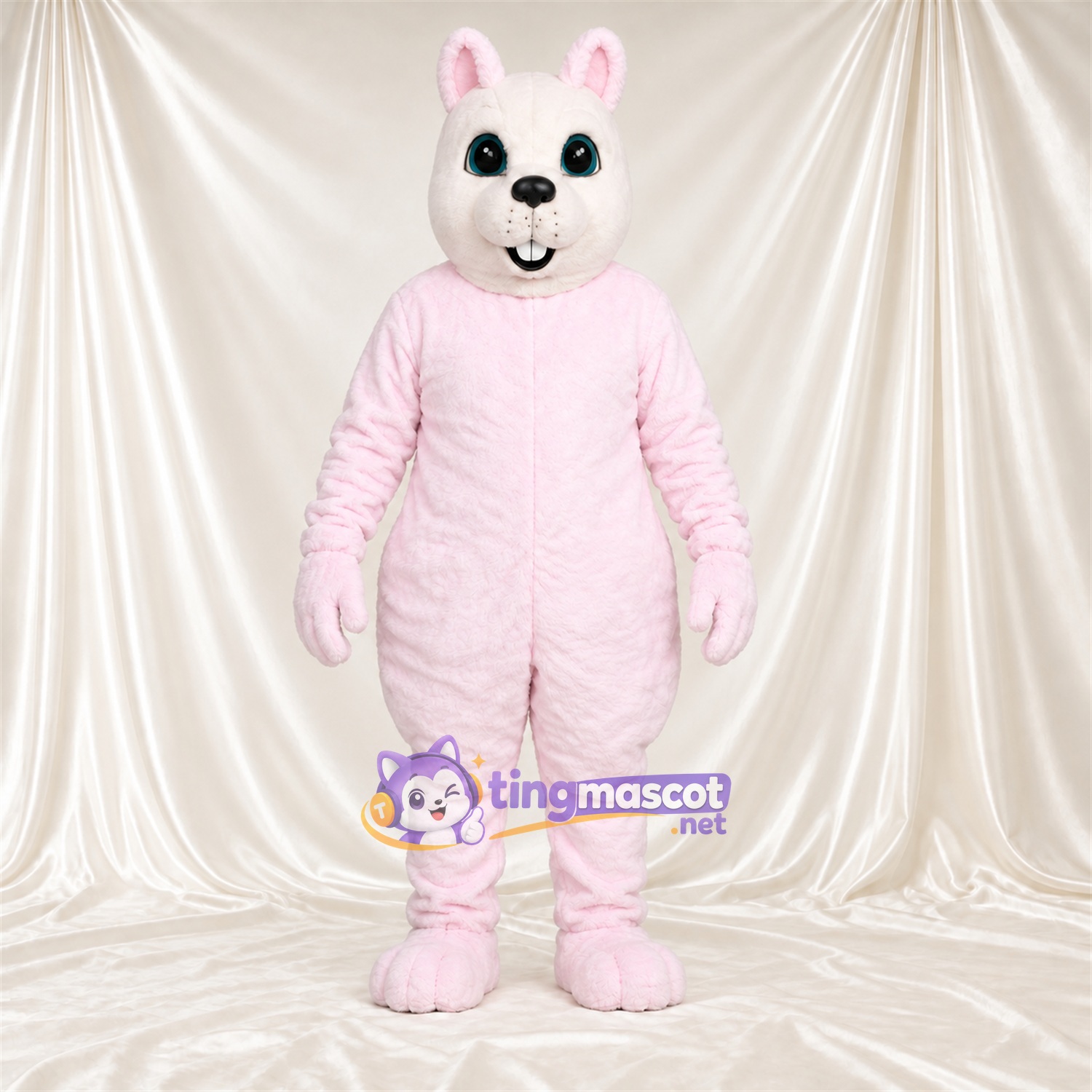 Costume de mascotte Lapin – rose – Petites oreilles rondes; Visage souriant Costume de mascotte Lapin – rose – Petites oreilles rondes; Visage souriant