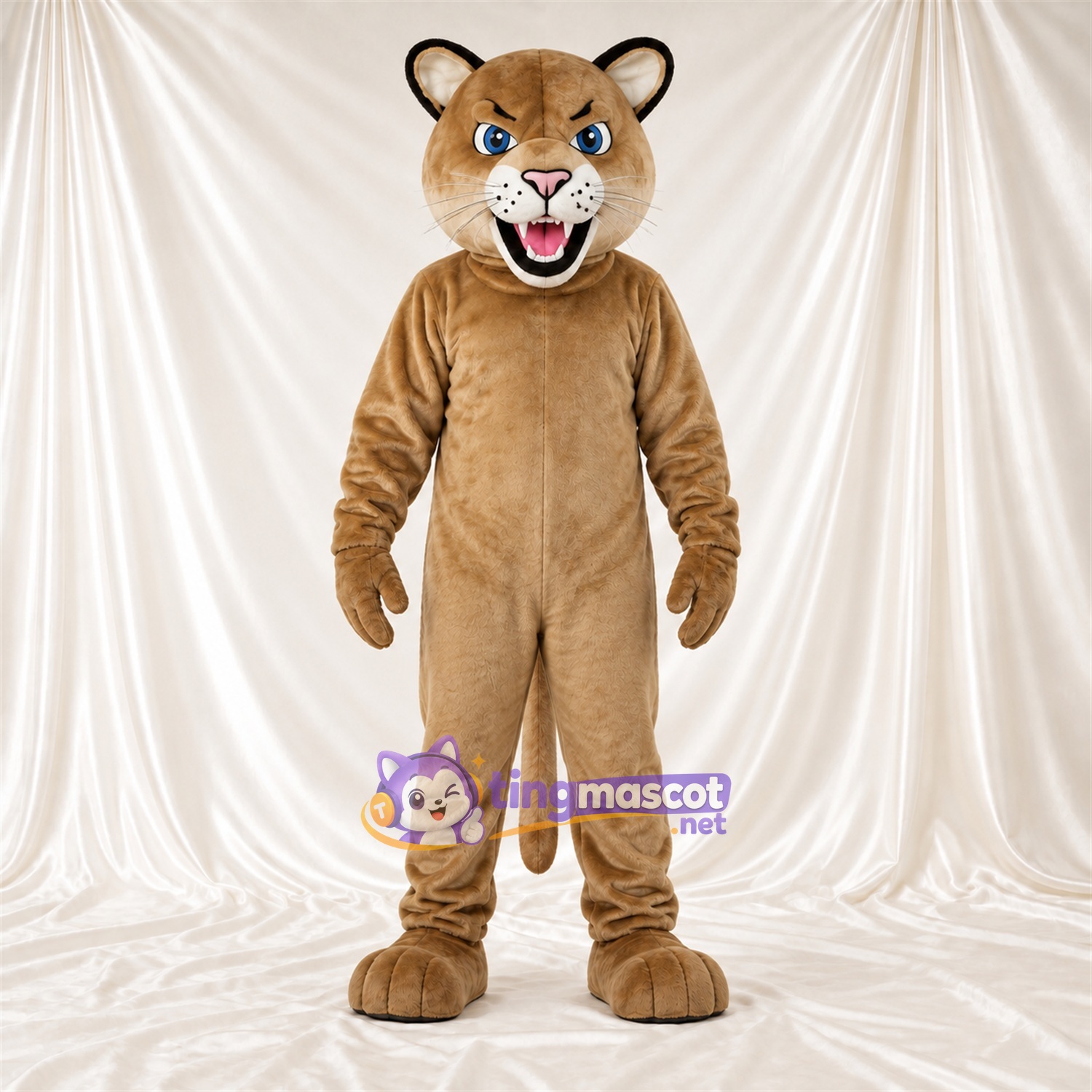 Tan and Black Bobcat Mascot Costume - Blue Eyes and Pointed Fangs Tan and Black Bobcat Mascot Costume - Blue Eyes and Pointed Fangs