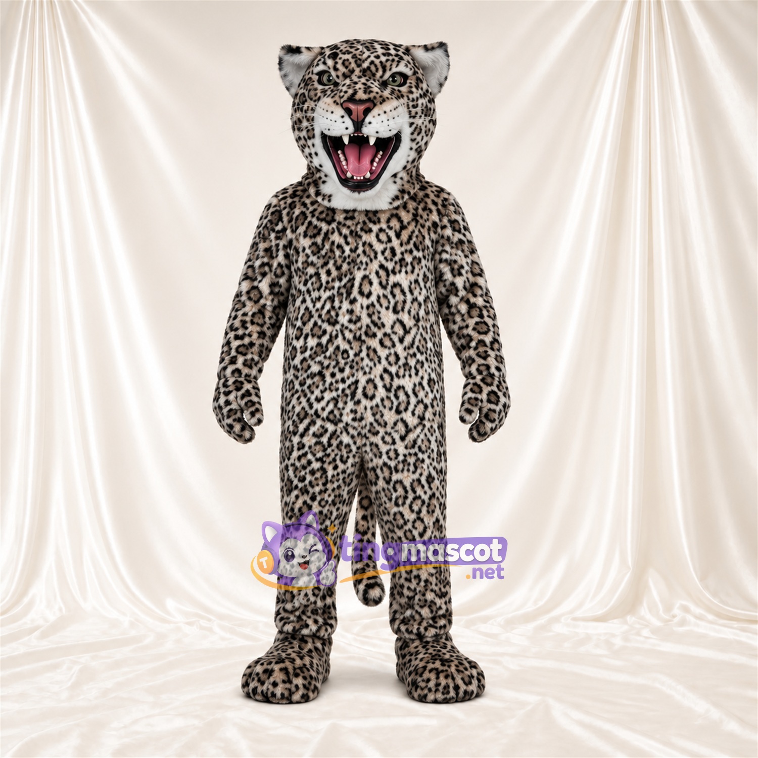 Costume de mascotte Léopard – gris / noir – Langue (rose); Crocs pointus Costume de mascotte Léopard – gris / noir – Langue (rose); Crocs pointus