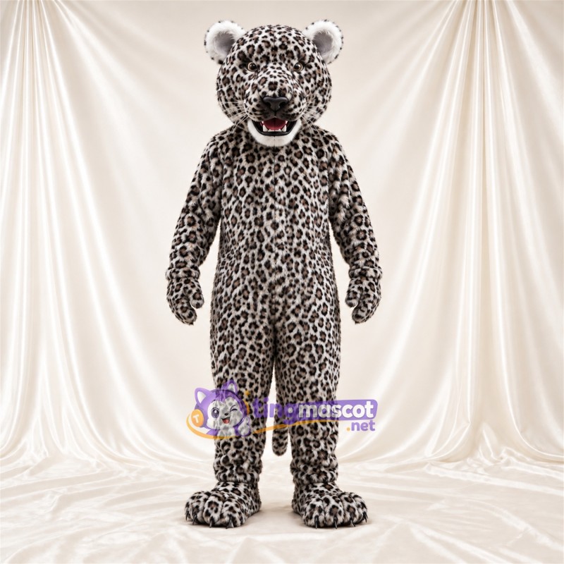 Costume de mascotte Léopard – gris / noir – Bouche ouverte; Taches en rosettes Costume de mascotte Léopard – gris / noir – Bouche ouverte; Taches en rosettes