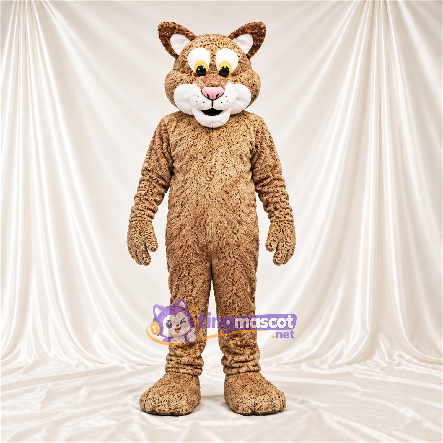 Tan and Black Bobcat Mascot Costume - White Muzzle and Yellow Eyes Tan and Black Bobcat Mascot Costume - White Muzzle and Yellow Eyes