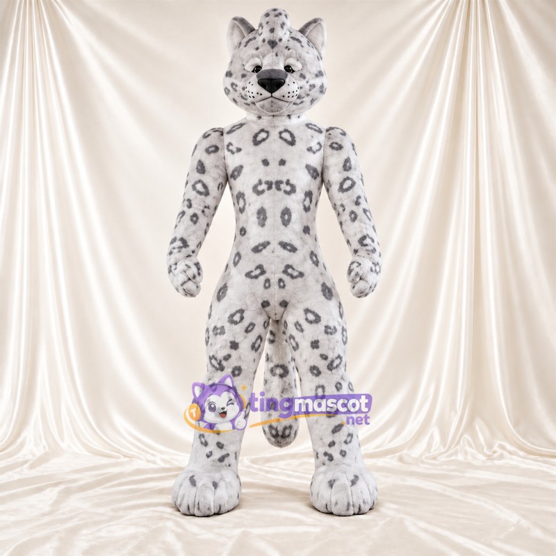 Costume de mascotte Léopard des neiges – blanc / gris – Taches en rosettes; Fourrure hirsute Costume de mascotte Léopard des neiges – blanc / gris – Taches en rosettes; Fourrure hirsute