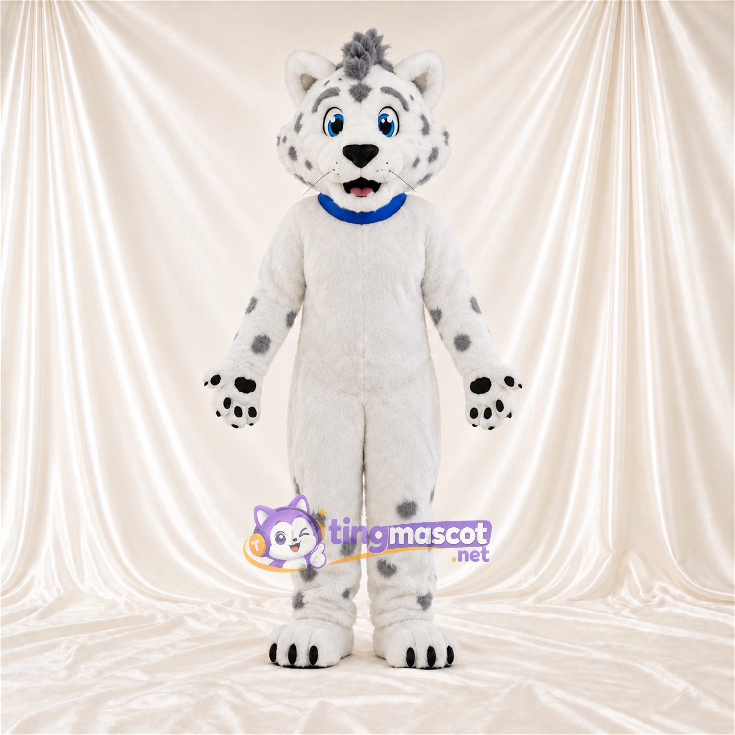 Costume de mascotte Léopard des neiges – blanc / gris – Col (bleu) Costume de mascotte Léopard des neiges – blanc / gris – Col (bleu)