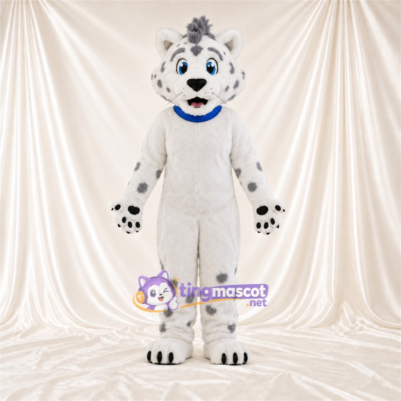 Costume de mascotte Léopard des neiges – blanc / gris – Col (bleu) Costume de mascotte Léopard des neiges – blanc / gris – Col (bleu)