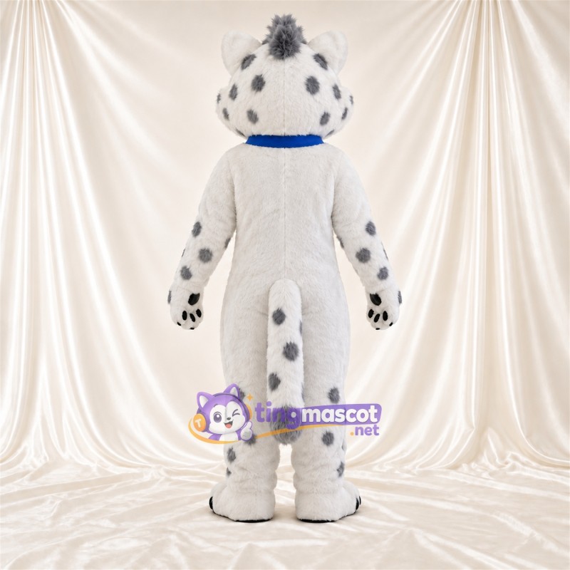 Costume de mascotte Léopard des neiges – blanc / gris – Col (bleu) Costume de mascotte Léopard des neiges – blanc / gris – Col (bleu)