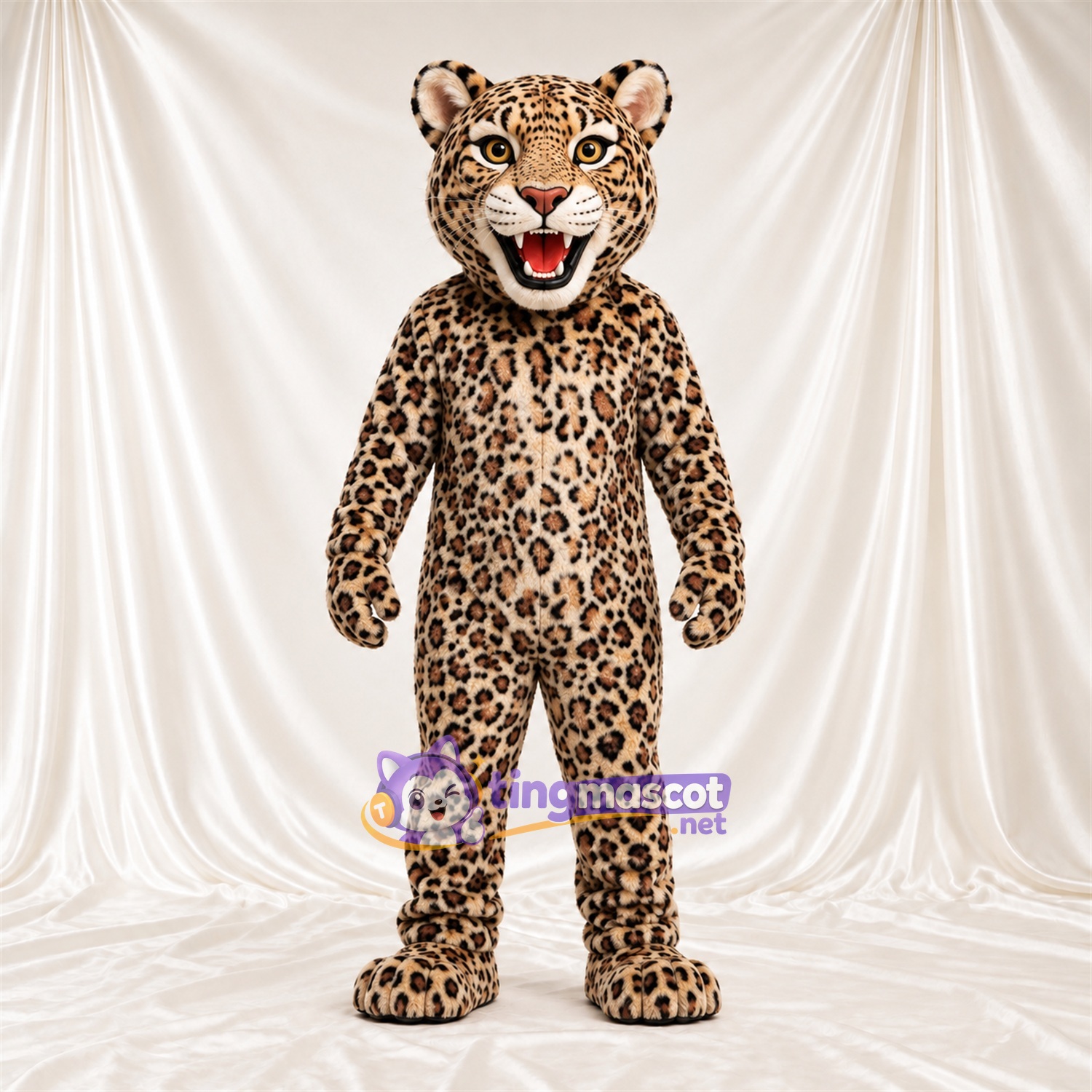 Costume de mascotte Léopard – brun clair / noir – Bouche ouverte; Crocs pointus