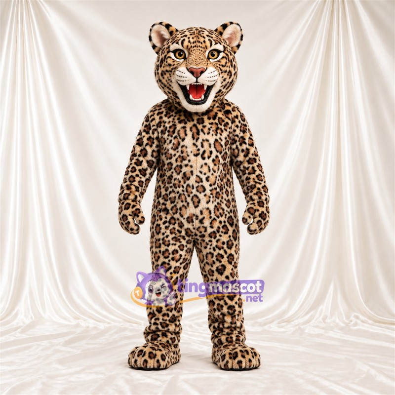 Costume de mascotte Léopard – brun clair / noir – Bouche ouverte; Crocs pointus Costume de mascotte Léopard – brun clair / noir – Bouche ouverte; Crocs pointus