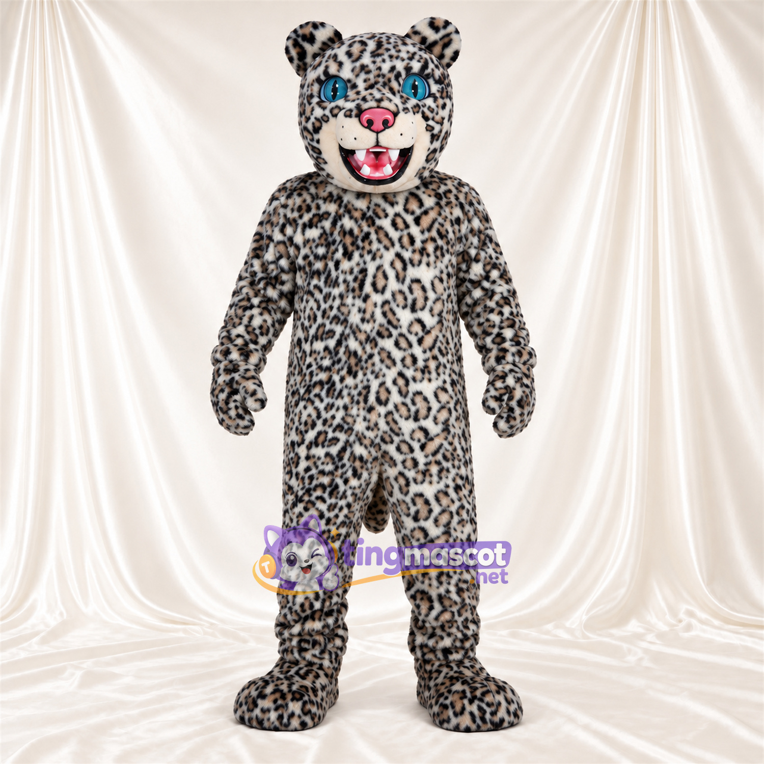 Maskottchenkostüm Leopard – grau / schwarz – Augen (blau); Zunge (rosa) Maskottchenkostüm Leopard – grau / schwarz – Augen (blau); Zunge (rosa)