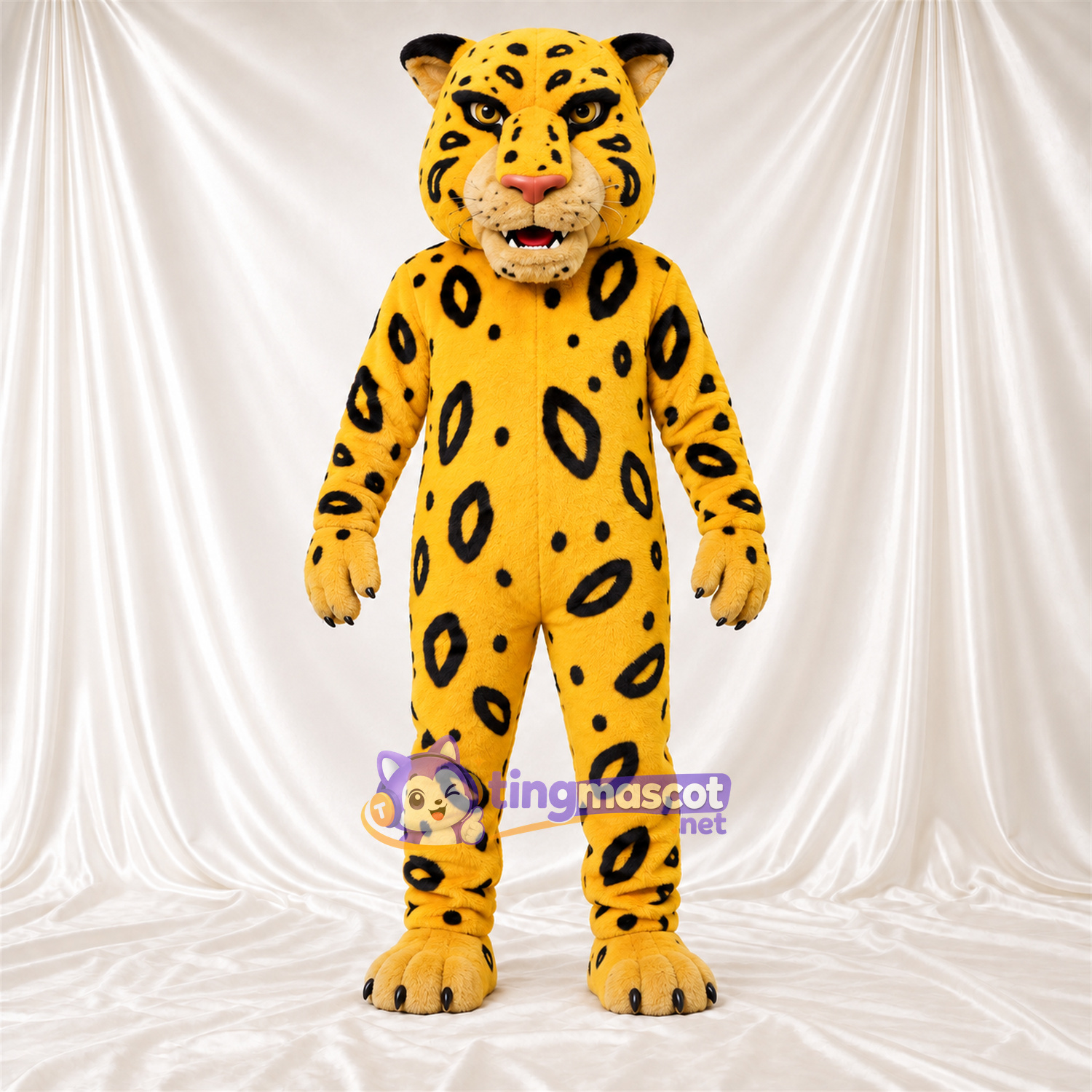 Costume de mascotte Léopard – jaune / noir – Sourire avec dents; Taches en rosettes Costume de mascotte Léopard – jaune / noir – Sourire avec dents; Taches en rosettes