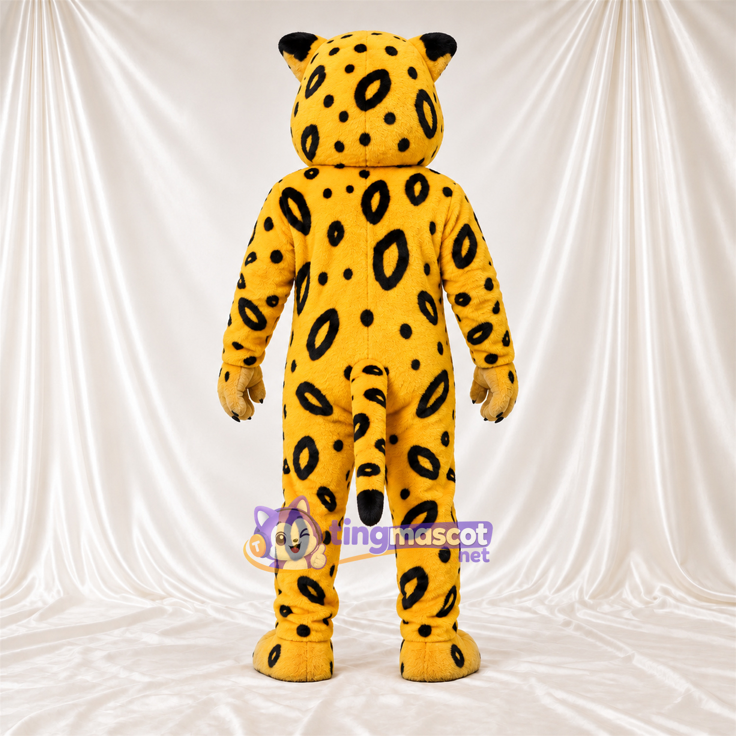 Costume de mascotte Léopard – jaune / noir – Sourire avec dents; Taches en rosettes Costume de mascotte Léopard – jaune / noir – Sourire avec dents; Taches en rosettes