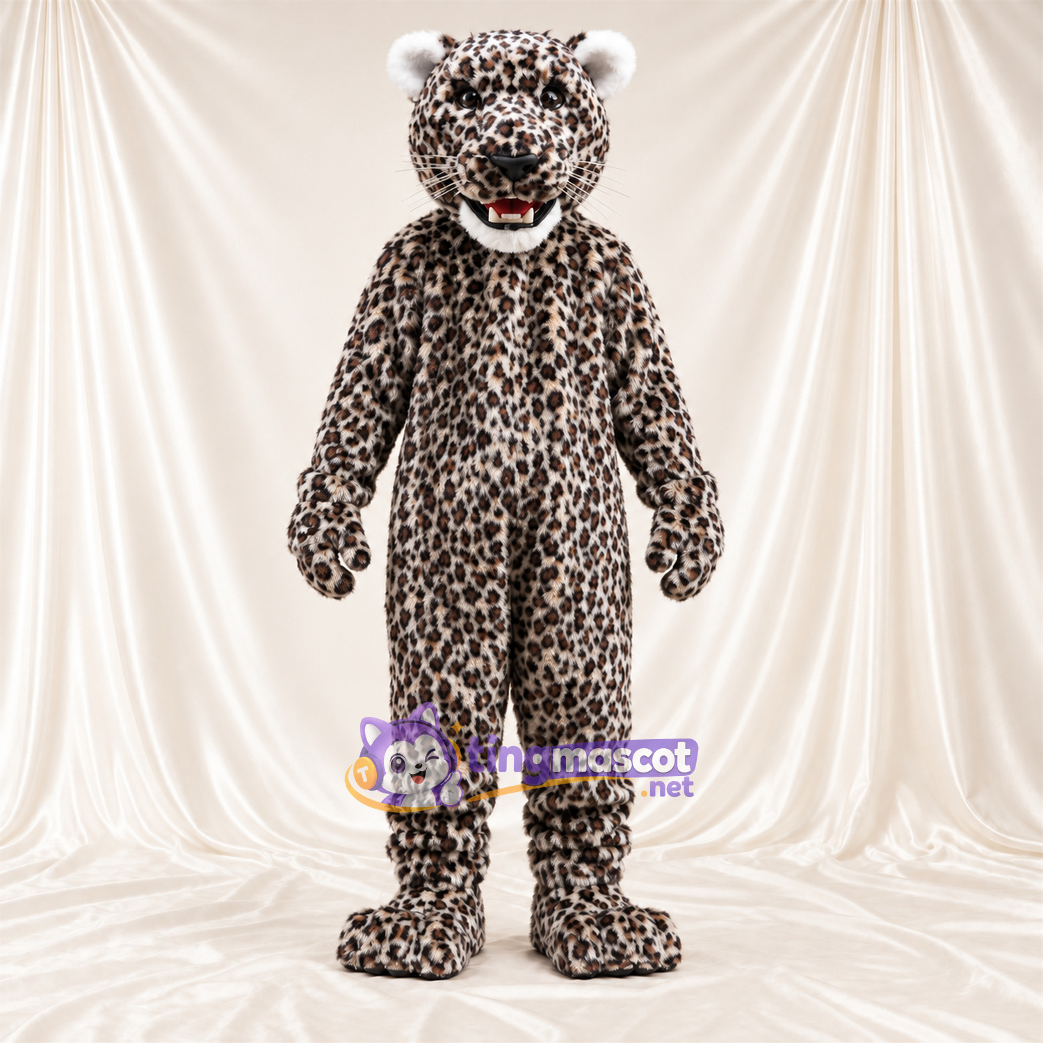 Costume de mascotte Léopard – gris / noir – Bouche ouverte; Taches en rosettes Costume de mascotte Léopard – gris / noir – Bouche ouverte; Taches en rosettes