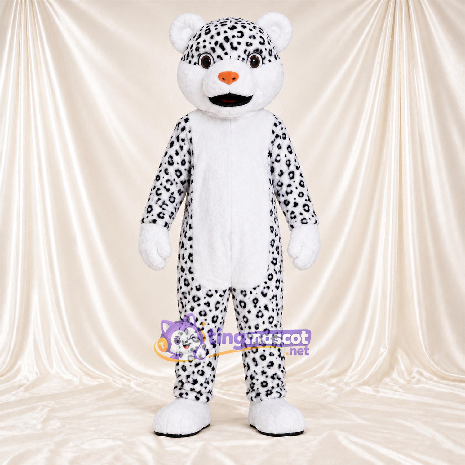 Costume de mascotte Léopard – blanc / noir – Ventre (blanc); Nez (orange) Costume de mascotte Léopard – blanc / noir – Ventre (blanc); Nez (orange)