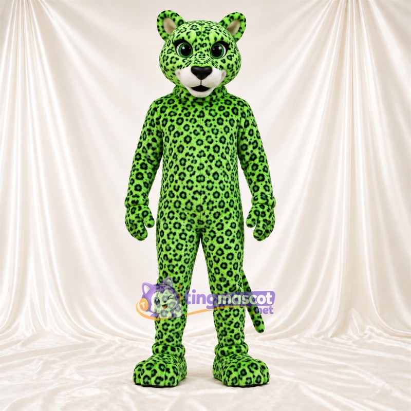 Maskottchenkostüm Leopard – grün / schwarz – Schnauze (weiß); Rosettenflecken Maskottchenkostüm Leopard – grün / schwarz – Schnauze (weiß); Rosettenflecken