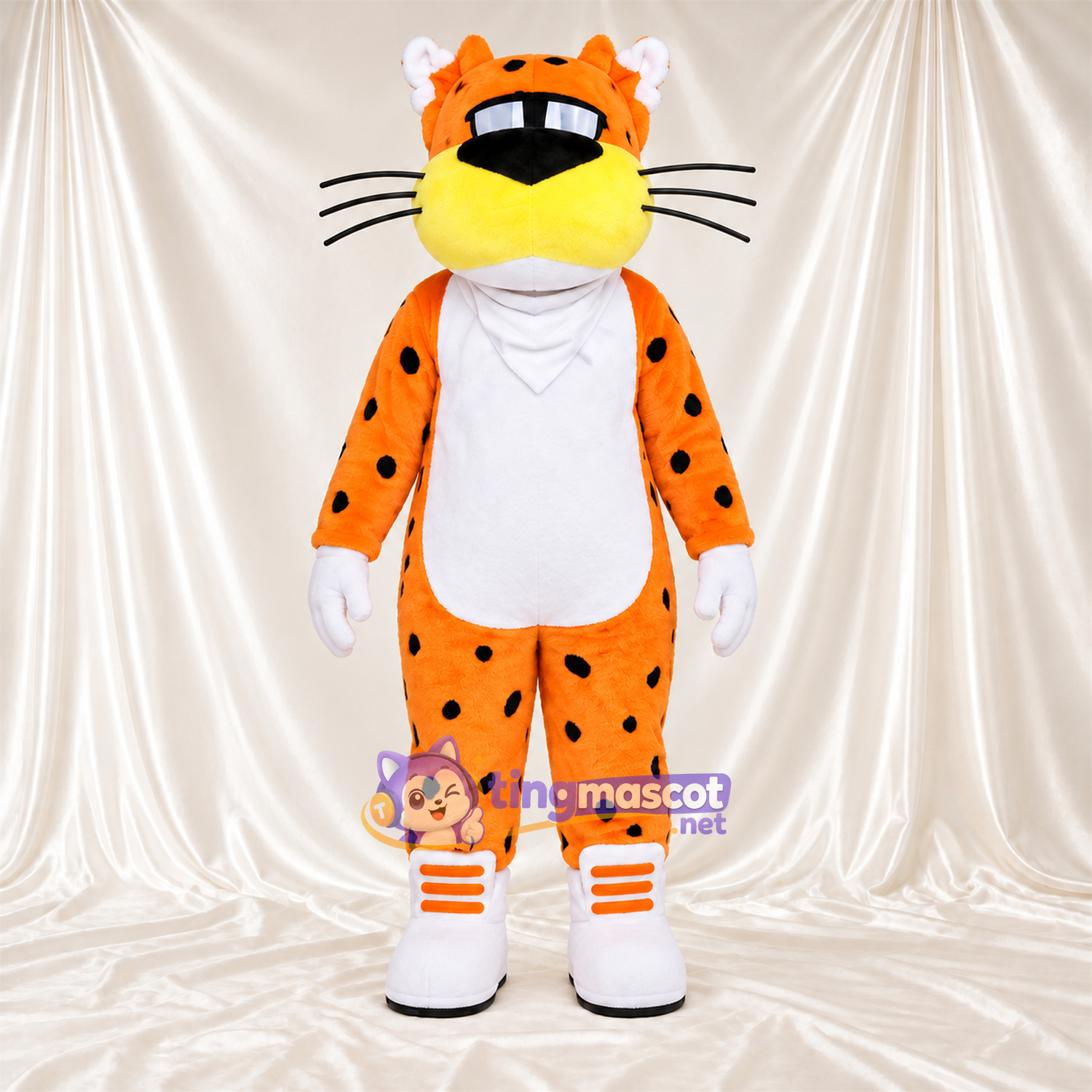 Costume de mascotte Guépard – orange – Lunettes de soleil; Gants (blanc)