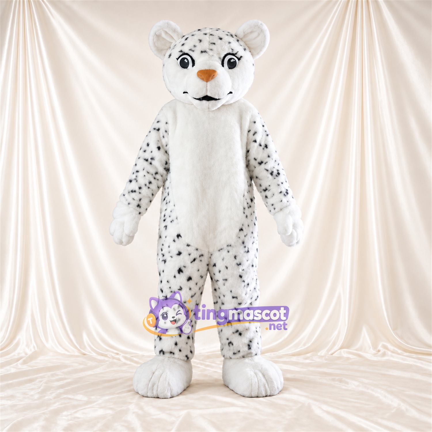 Costume de mascotte Léopard des neiges – blanc – Nez (orange); Petites taches serrées Costume de mascotte Léopard des neiges – blanc – Nez (orange); Petites taches serrées