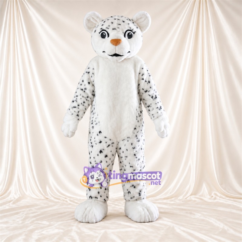 Costume de mascotte Léopard des neiges – blanc – Nez (orange); Petites taches serrées Costume de mascotte Léopard des neiges – blanc – Nez (orange); Petites taches serrées