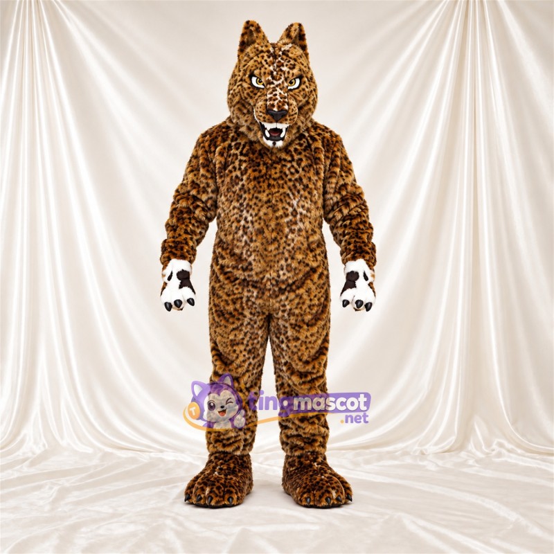 Costume de mascotte Léopard – brun clair / noir – Oreilles pointues; Mains (blanc) Costume de mascotte Léopard – brun clair / noir – Oreilles pointues; Mains (blanc)