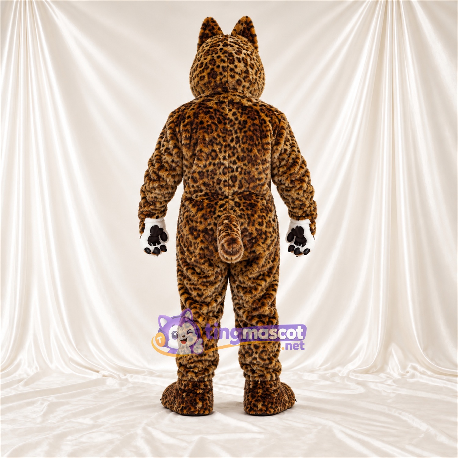 Costume de mascotte Léopard – brun clair / noir – Oreilles pointues; Mains (blanc) Costume de mascotte Léopard – brun clair / noir – Oreilles pointues; Mains (blanc)