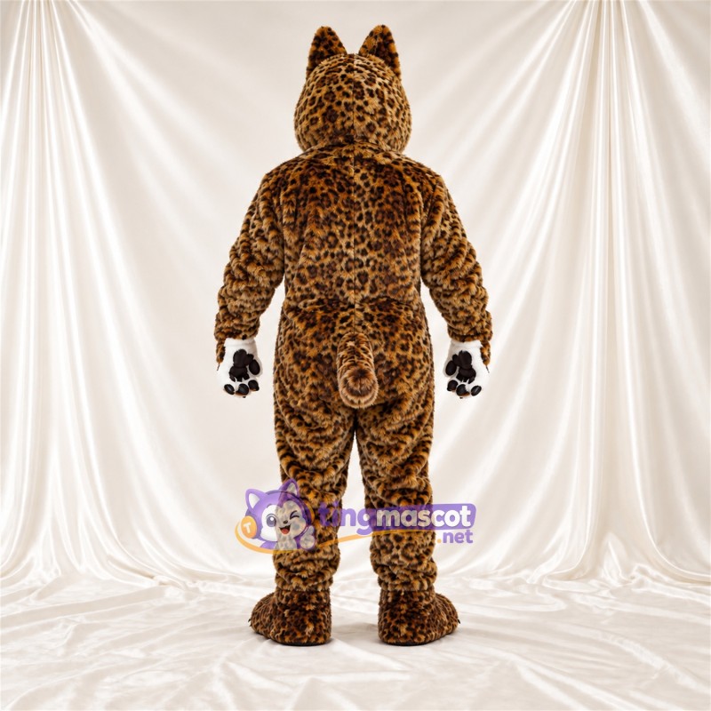 Costume de mascotte Léopard – brun clair / noir – Oreilles pointues; Mains (blanc) Costume de mascotte Léopard – brun clair / noir – Oreilles pointues; Mains (blanc)