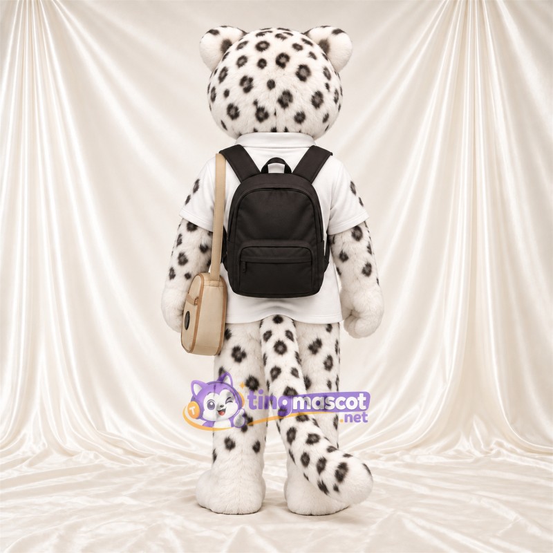 Costume de mascotte Léopard des neiges – blanc – Chemise (blanc); Sac à dos (noir) Costume de mascotte Léopard des neiges – blanc – Chemise (blanc); Sac à dos (noir)