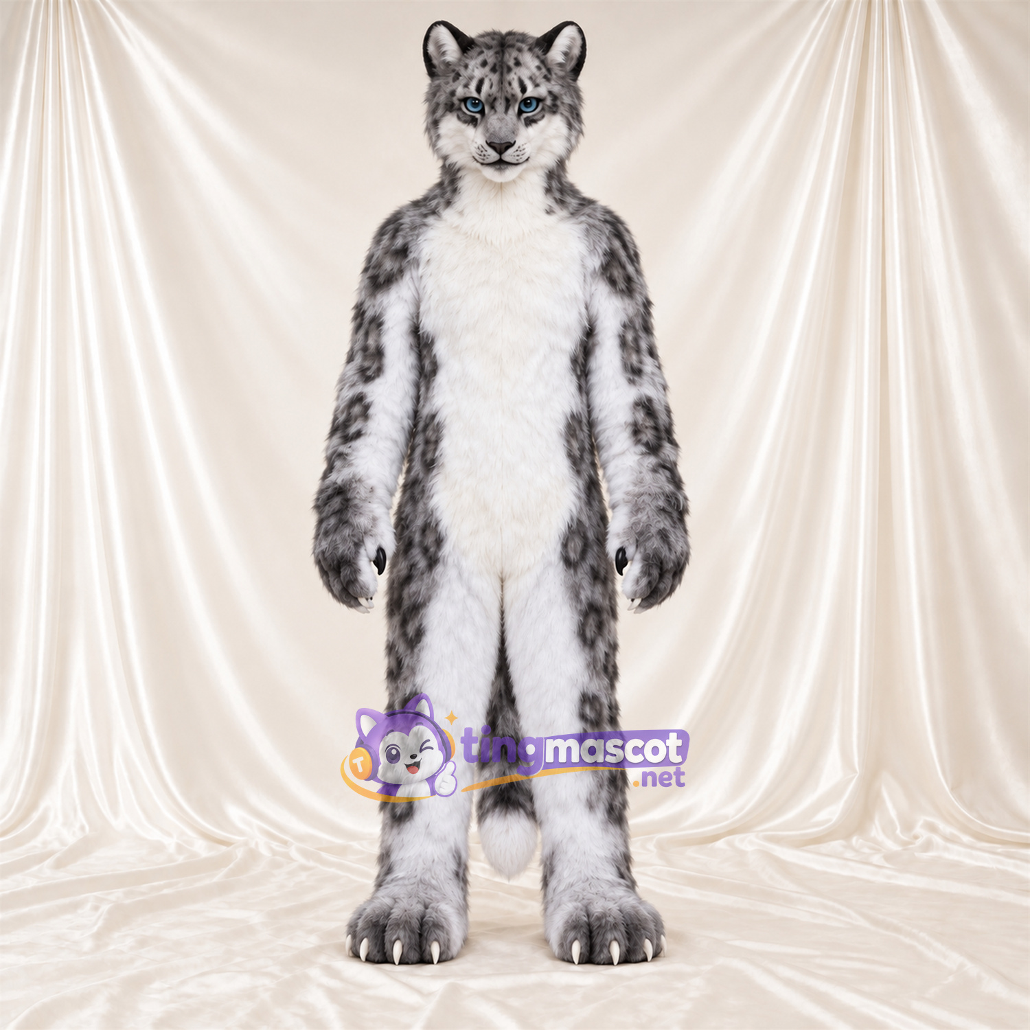 Costume de mascotte Léopard des neiges – blanc / gris – Ventre (blanc); Longue queue Costume de mascotte Léopard des neiges – blanc / gris – Ventre (blanc); Longue queue