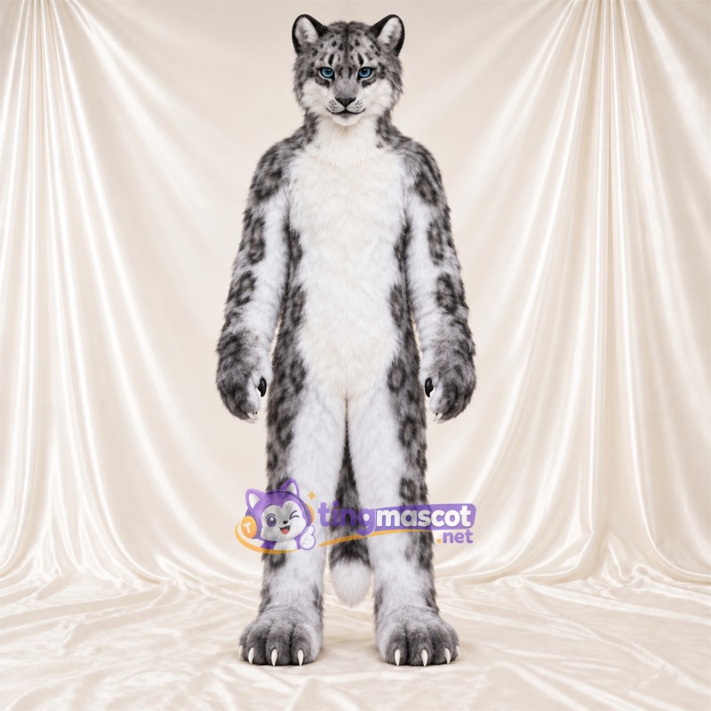 Costume de mascotte Léopard des neiges – blanc / gris – Ventre (blanc); Longue queue Costume de mascotte Léopard des neiges – blanc / gris – Ventre (blanc); Longue queue