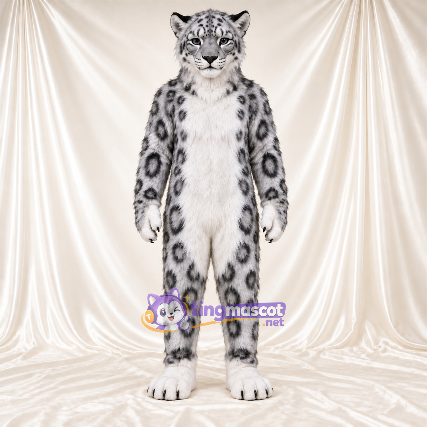 Costume de mascotte Léopard des neiges – blanc / gris – Ventre (blanc); Taches en rosettes Costume de mascotte Léopard des neiges – blanc / gris – Ventre (blanc); Taches en rosettes