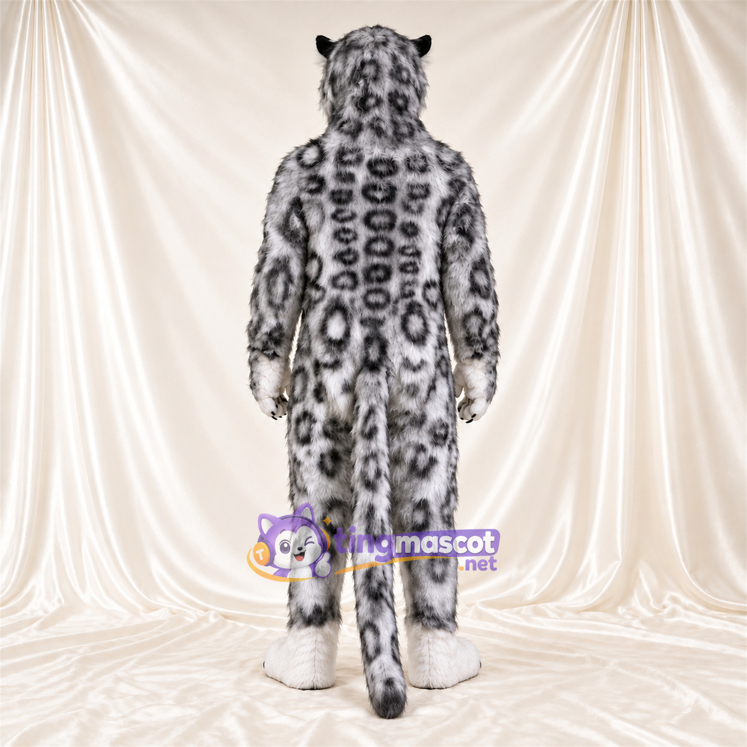 Costume de mascotte Léopard des neiges – blanc / gris – Ventre (blanc); Taches en rosettes Costume de mascotte Léopard des neiges – blanc / gris – Ventre (blanc); Taches en rosettes