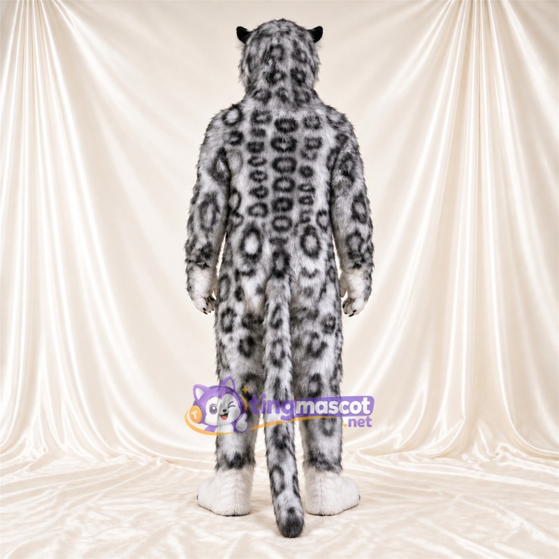 Costume de mascotte Léopard des neiges – blanc / gris – Ventre (blanc); Taches en rosettes Costume de mascotte Léopard des neiges – blanc / gris – Ventre (blanc); Taches en rosettes