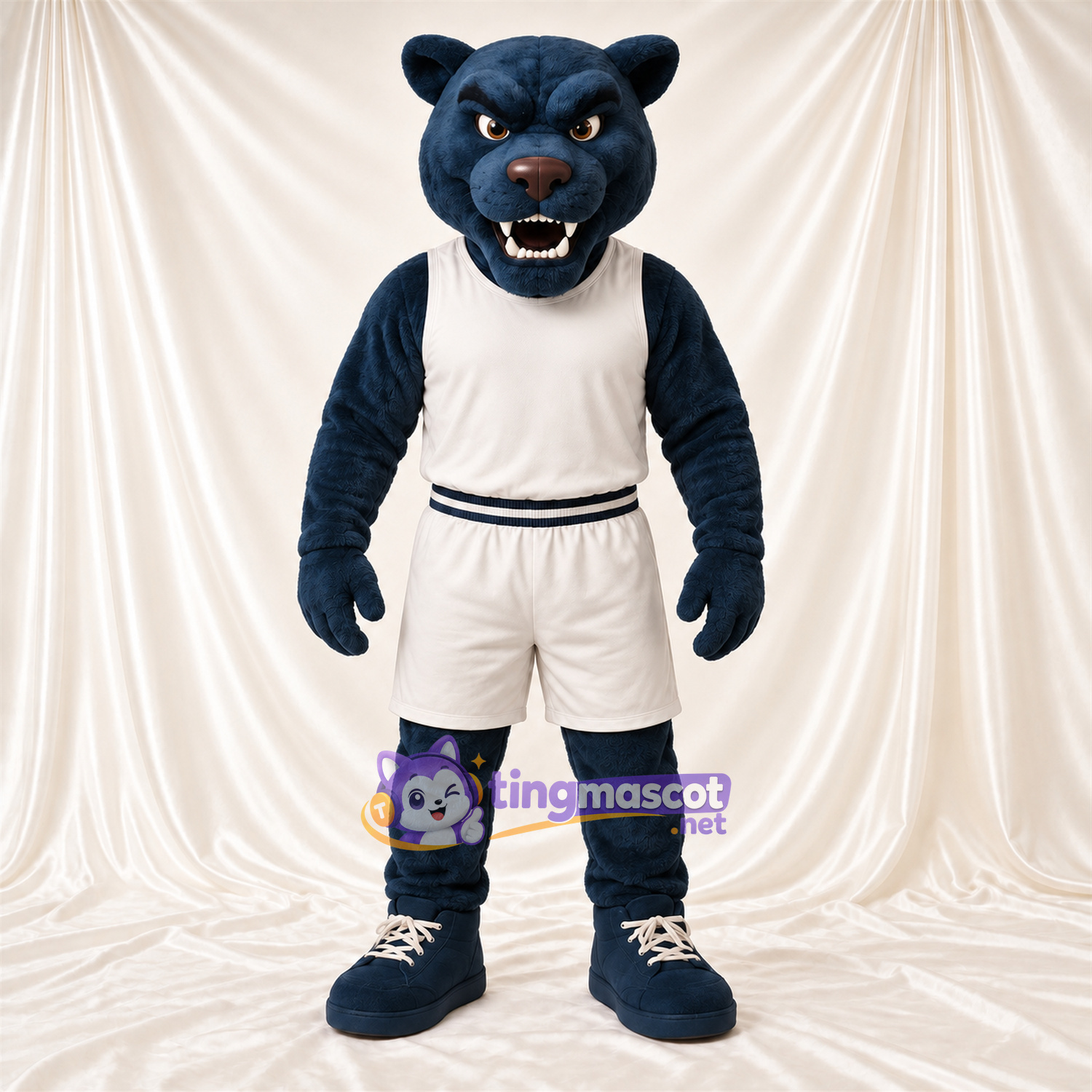 Costume de mascotte Chat sauvage – bleu – Tenue de sport (blanc) Costume de mascotte Chat sauvage – bleu – Tenue de sport (blanc)