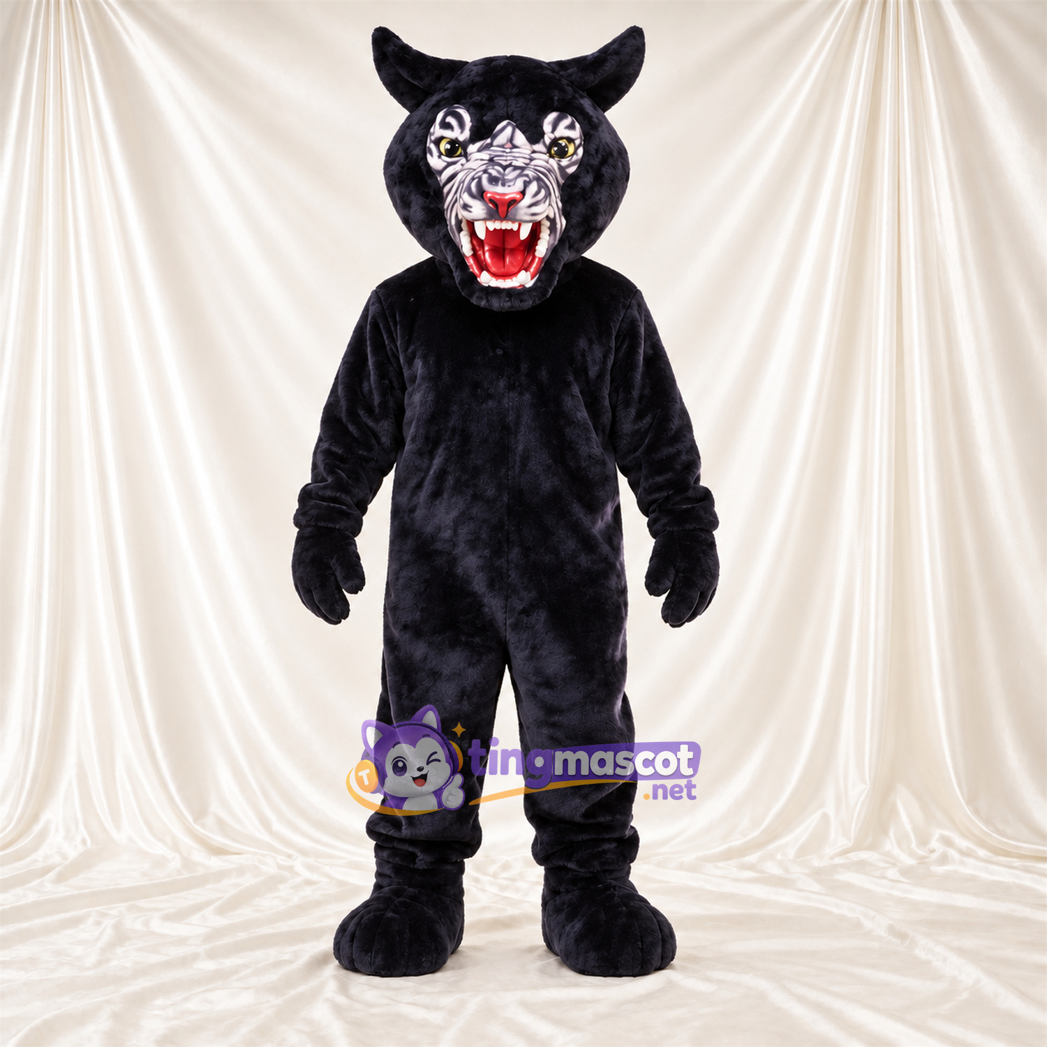 Black Panther Mascot Costume - Pointed Fangs and White Facial Markings Black Panther Mascot Costume - Pointed Fangs and White Facial Markings