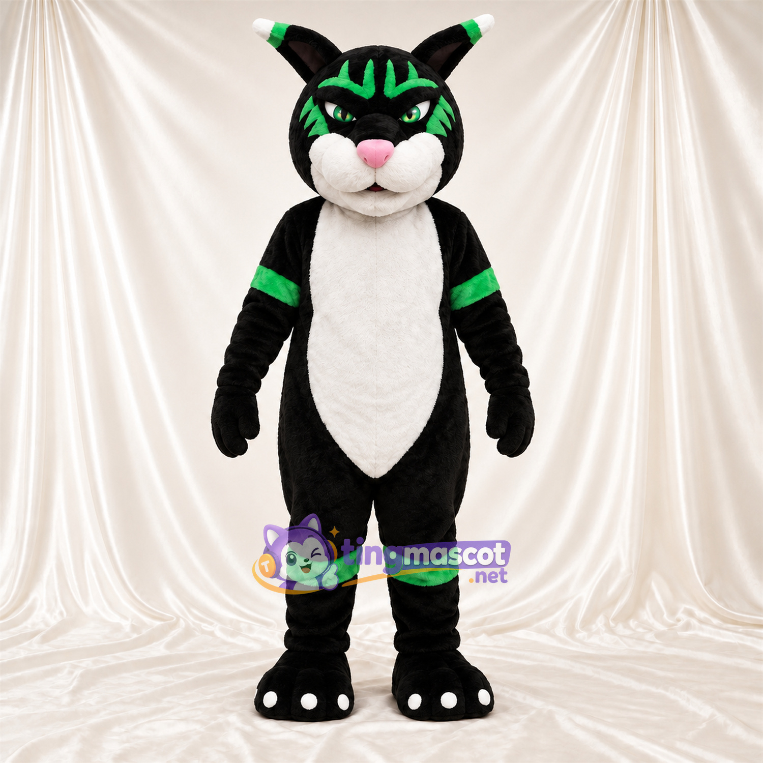 Costume de mascotte Chat – noir – Rayures (vert); Ventre (blanc) Costume de mascotte Chat – noir – Rayures (vert); Ventre (blanc)