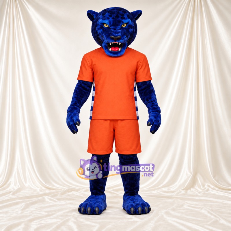 Costume de mascotte Panthère – bleu – Tenue de sport (orange); Crocs pointus Costume de mascotte Panthère – bleu – Tenue de sport (orange); Crocs pointus