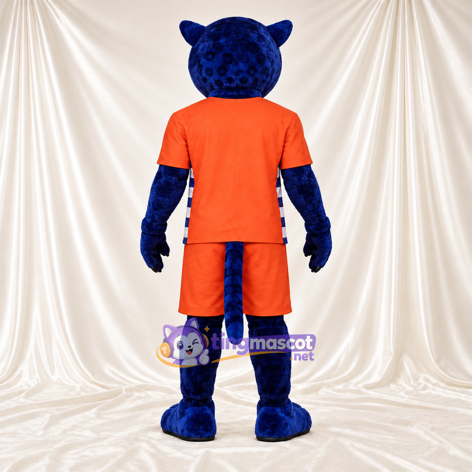 Costume de mascotte Panthère – bleu – Tenue de sport (orange); Crocs pointus Costume de mascotte Panthère – bleu – Tenue de sport (orange); Crocs pointus