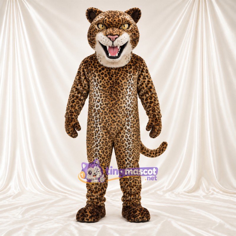 Costume de mascotte Léopard – brun clair / noir – Bouche ouverte; Crocs pointus Costume de mascotte Léopard – brun clair / noir – Bouche ouverte; Crocs pointus