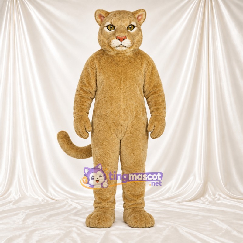 Costume de mascotte Chat sauvage – brun clair – Queue enroulée; Bouche fermée Costume de mascotte Chat sauvage – brun clair – Queue enroulée; Bouche fermée