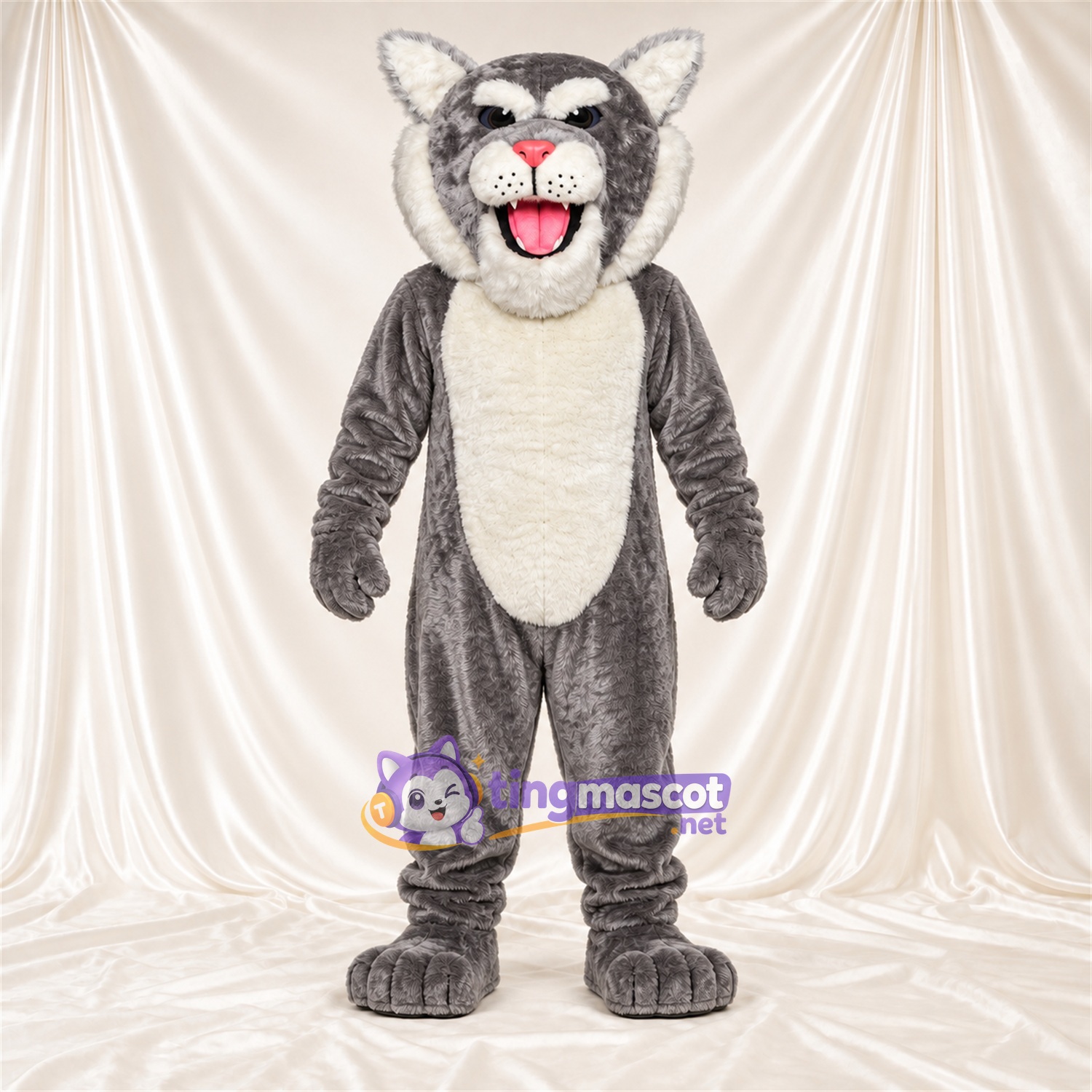 Maskottchenkostüm Rotluchs – grau / weiß – Bauch (weiß); Spitze Fangzähne Maskottchenkostüm Rotluchs – grau / weiß – Bauch (weiß); Spitze Fangzähne