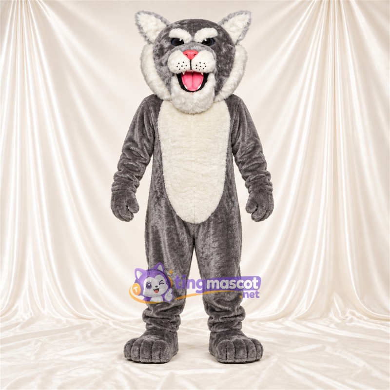 Maskottchenkostüm Rotluchs – grau / weiß – Bauch (weiß); Spitze Fangzähne Maskottchenkostüm Rotluchs – grau / weiß – Bauch (weiß); Spitze Fangzähne