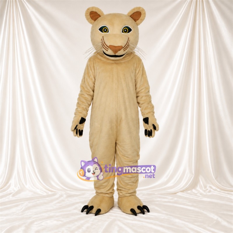 Costume de mascotte Chat sauvage – brun clair – Griffes (noir); Visage souriant Costume de mascotte Chat sauvage – brun clair – Griffes (noir); Visage souriant