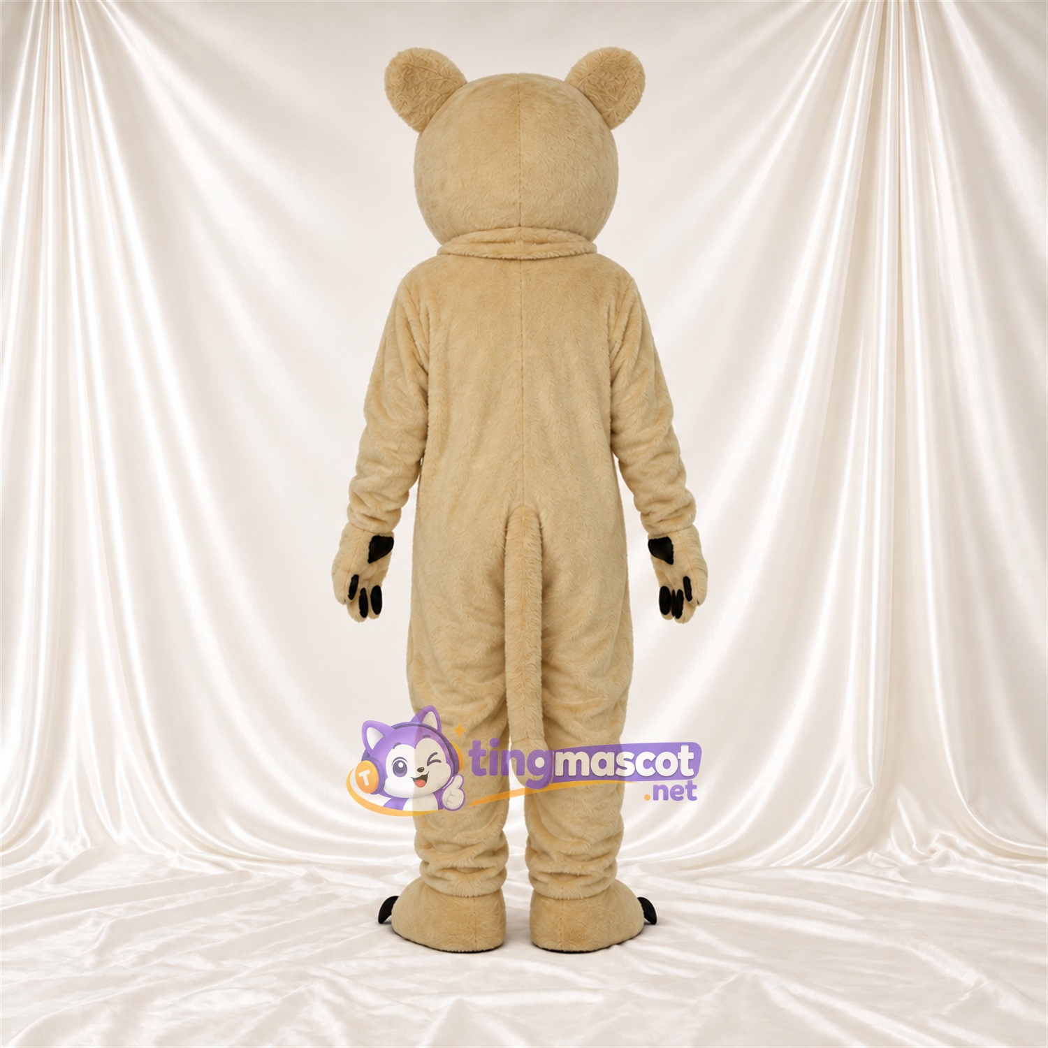 Costume de mascotte Chat sauvage – brun clair – Griffes (noir); Visage souriant Costume de mascotte Chat sauvage – brun clair – Griffes (noir); Visage souriant