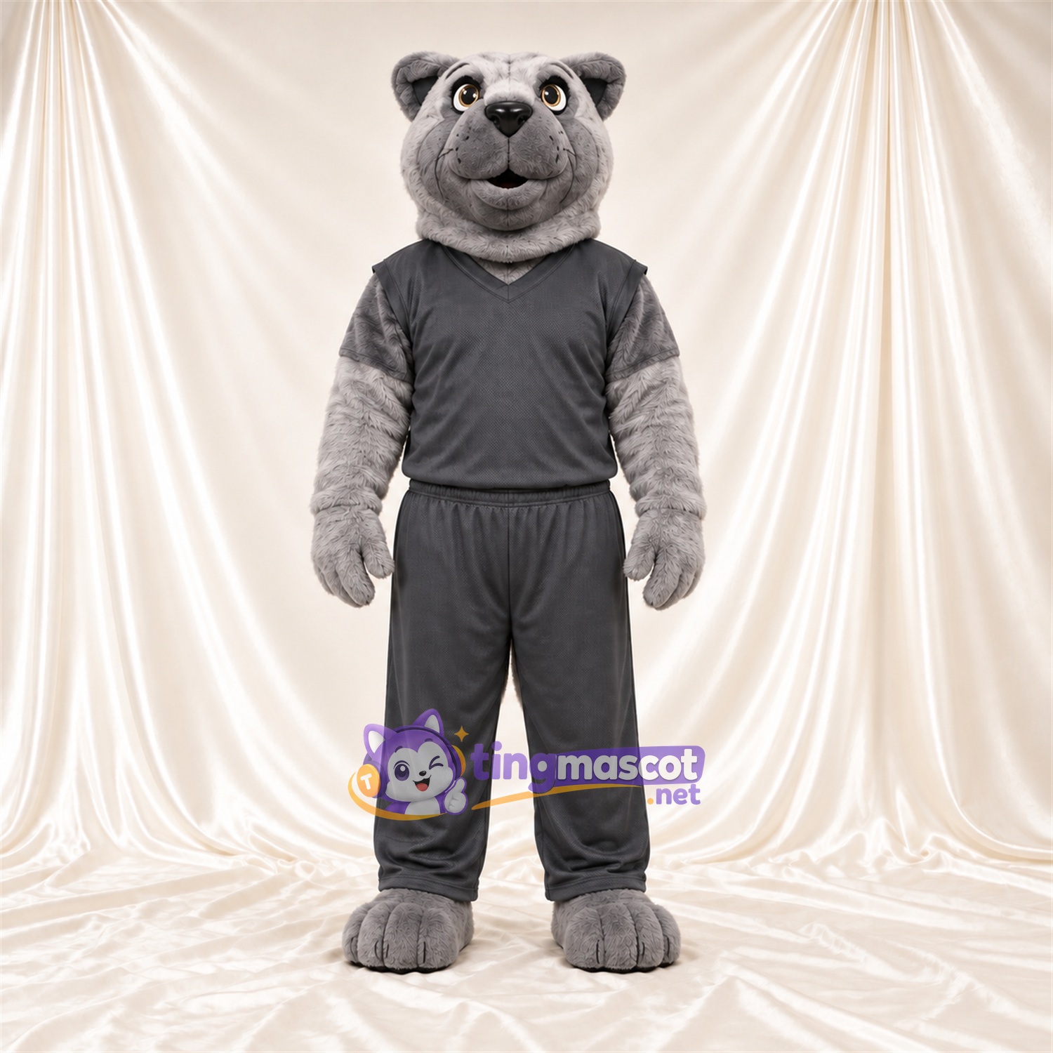 Costume de mascotte Chien – gris – Survêtement (gris foncé) Costume de mascotte Chien – gris – Survêtement (gris foncé)