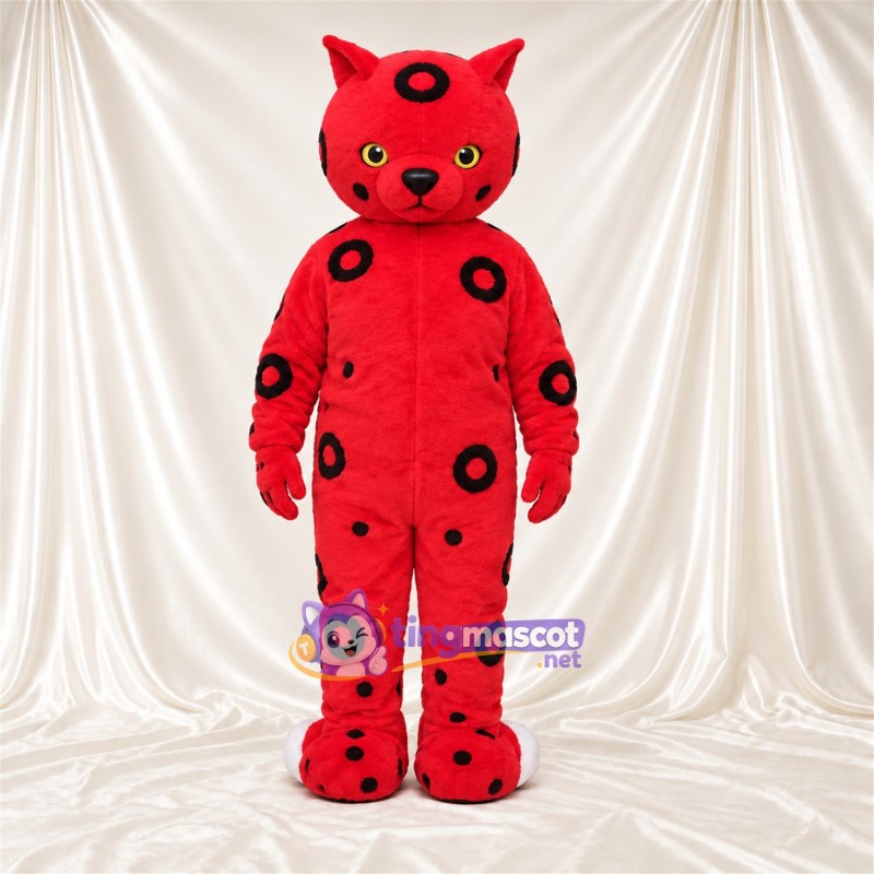 Costume de mascotte Chat – rouge – Taches (noir); Nez (rose) Costume de mascotte Chat – rouge – Taches (noir); Nez (rose)